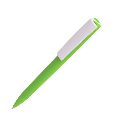 Ручка под моделью Lima в цветном корпусе из Soft touch покрытия с белым клипом под нанесение 