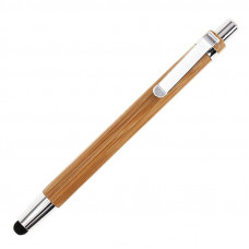 Ручка з бамбука, з назвою Bamboo з металевими деталями і стилусом на кінці, під друк