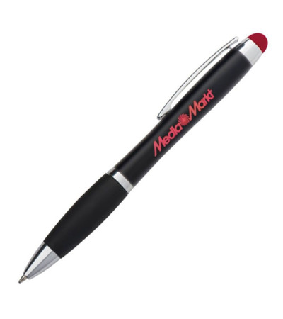 Уникальная ручка с подсветкой логотипа и стилусом, в черном корпусе, под лазерную гравировку